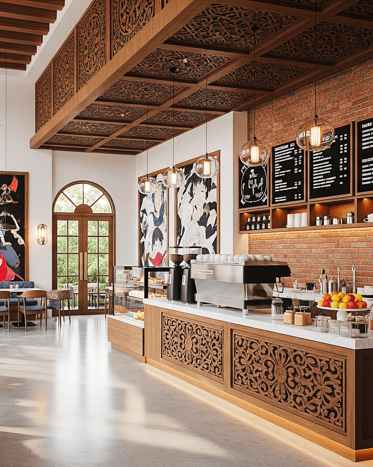 Warm and inviting coffee shop interior with skilled barista